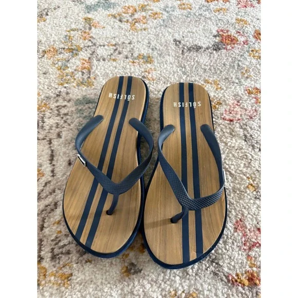 Solfish Mens Flip Flop Sandals Navy Blue Striped Wood Grain Print Size L 11-12