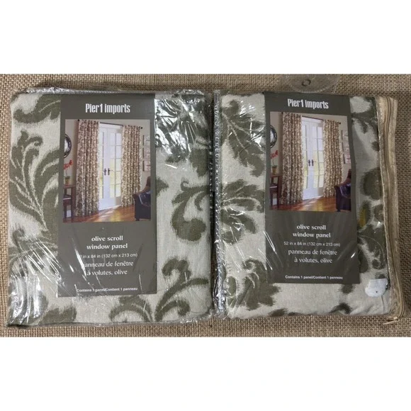 Pier 1 Olive Scroll Curtain Set Panel Curtain Linen Blend 52x84 Ikat Floral Boho