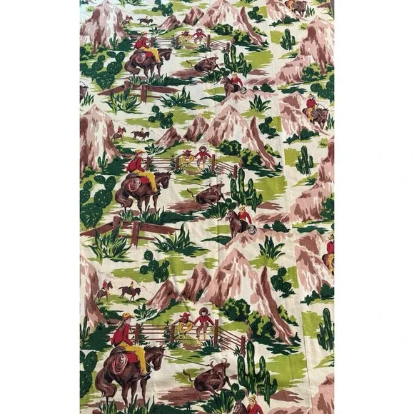 VTG Western Rodeo Horses Barkcloth Curtain Cowboys Cactus 73