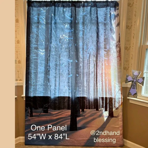 New Winter Wonderland Curtains, One Panel 54”Wx84”L, Sunset in snow-filled woods