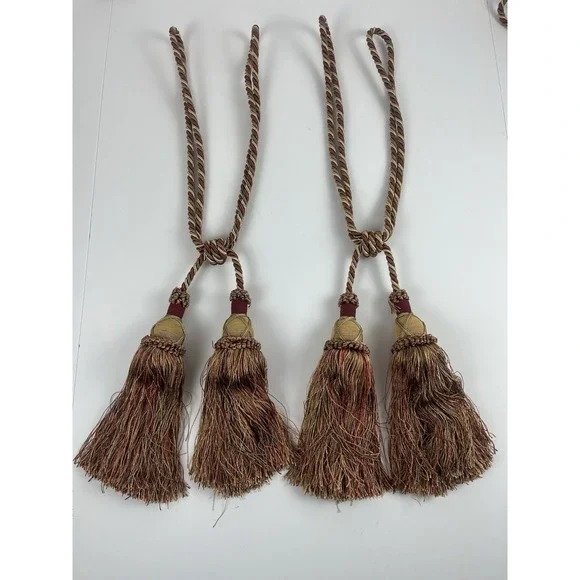Vintage 90s Set Of Double Tassel Curtain Tiebacks Burgundy & Gold