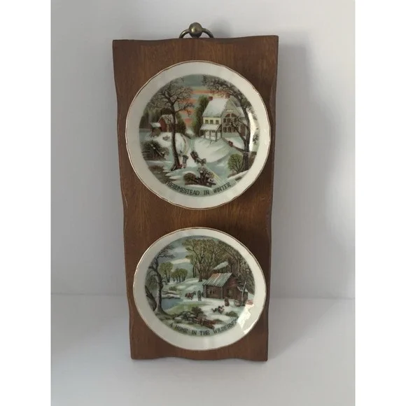 Vtg Wall Hanging Currier & Ives Homestead in Winter‎ & A Home in the Wilderness