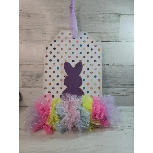 Easter Bunny Wood Tag Wall Hanging‎ Polka Dot Tulle Ruffle Purple White 12x8