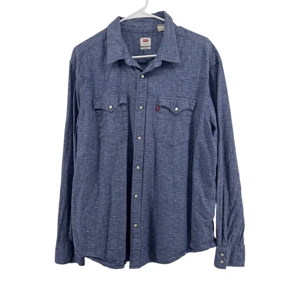 Levis Mens XL Blue Standard Fit Long Sleeve Western Pearl Snap Button Down Shirt