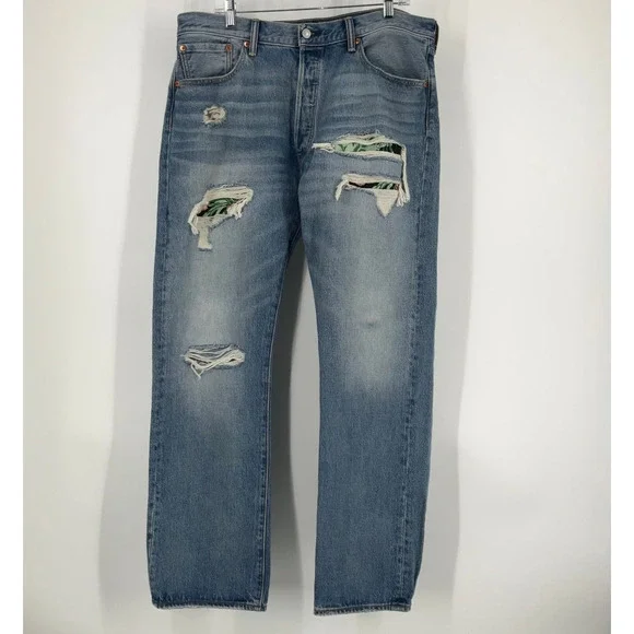 Levis‎ 501 Jeans W38 L32 Light Wash Distressed Floral Patch Festivalcore Grunge