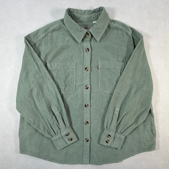 Levis Mens XL Sage Green Corduroy Button Down Shirt Jacket Shacket Oversized