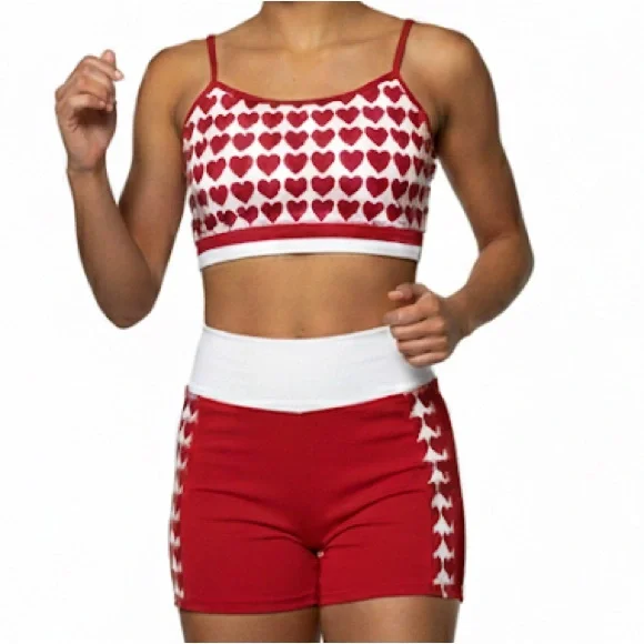 Lumi Valentine red white Crop Top and Shorts 2 piece dance matching set NWT