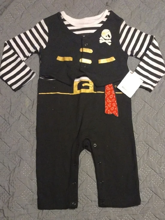 Baby Pirate One-Piece with Striped Sleeves and Gold Accents