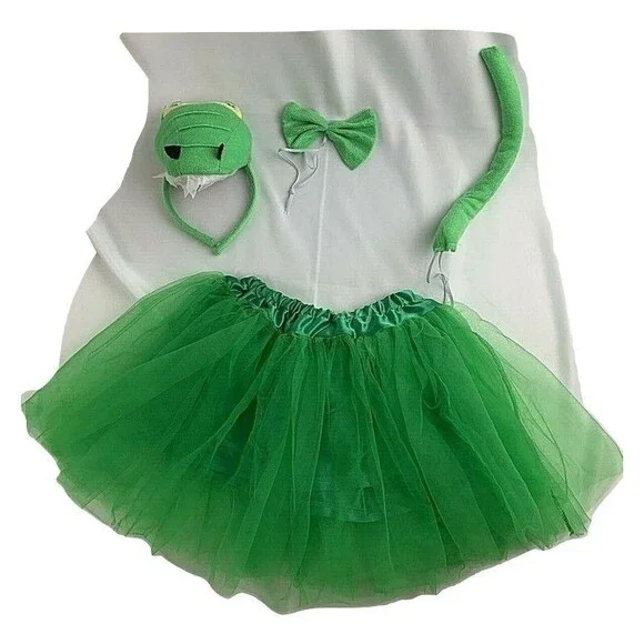 Kids Green Dinosaur Costume Tutu Skirt St Patrick's w/ Headband Bow Tie Tail 4pc