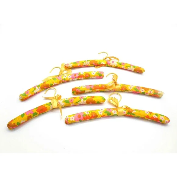 VTG Floral Satin Clothing Hangers 60s 70s Mod Groovy Yellow Pink‎ Flowers Hippy