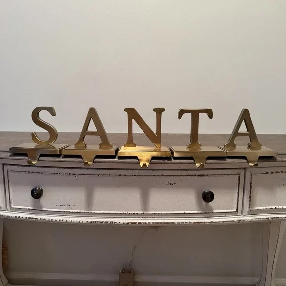 Vintage Gold Brass Letters SANTA Mantel Hook Stocking‎ Holder Hanger 5 pc Set