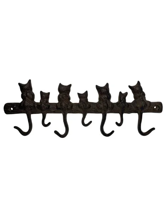Vintage Cast Iron Cat Wall Hook Rack 6 Hooks Rustic Farmhouse 15.6