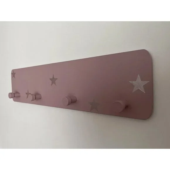 Handmade French Wood Wall Clothes Rack Hooks Pink Silver Stars Kids Nursery Cute