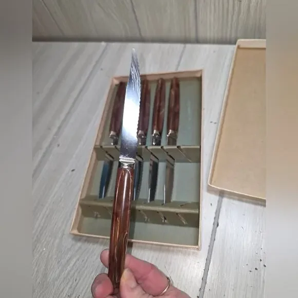 Vtg Regent Sheffield Steak Knives Stainless Blades Set Of 7 Brown Pearl Handles
