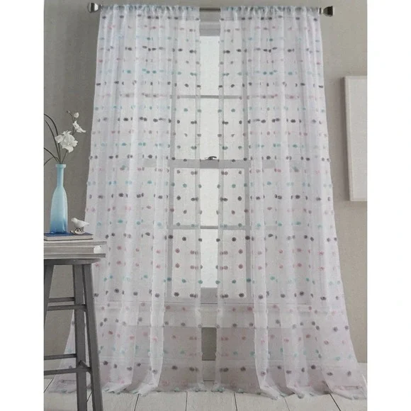 NEW DKNY Window Rod Pocket Panel Pastels Pom Pom White Sheer 84