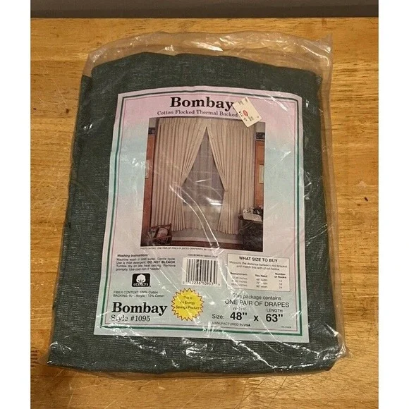 Vtg Bombay Jade Green Thermal Backed Cotton Flocked Drapes 48x63 Style 1095 Pair