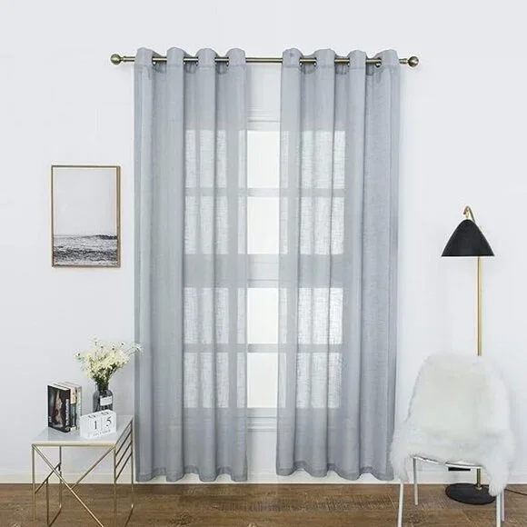 Aquazolax Linen Semi Sheer Curtains, 63-inch Length, 2 Panels, Grey