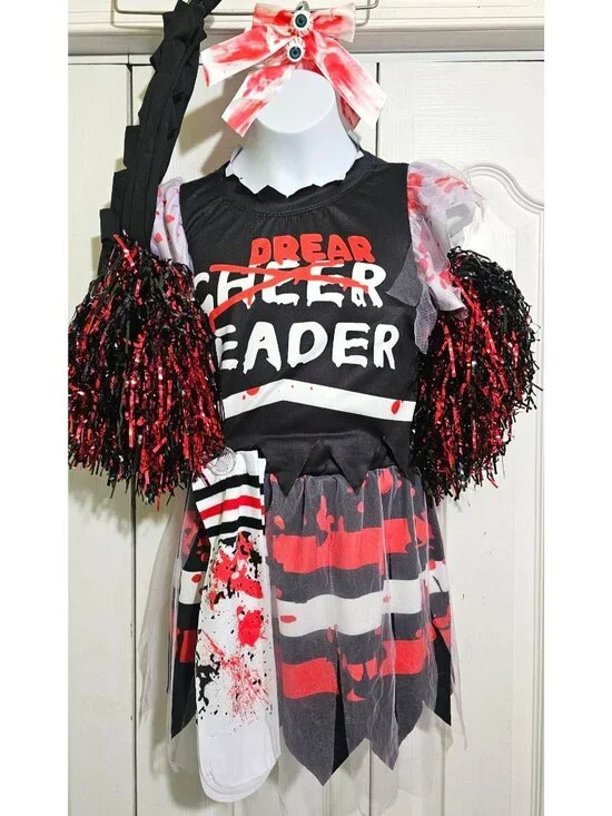 Zombie Cheerleader Costume Girls 6-7 Horror Pom Poms Gloves Scary Uniform Socks