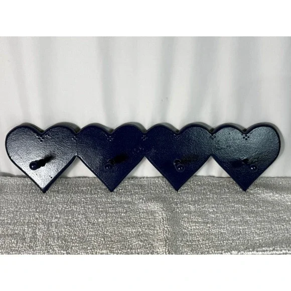 Vintage Navy Blue Wooden Heart Wall Rack 4 Hook Country Home Decor
