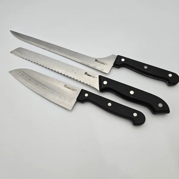 Ronco Six Star Plus Knife Set Large Fillet Bread Cheese Stainless Black Handle
