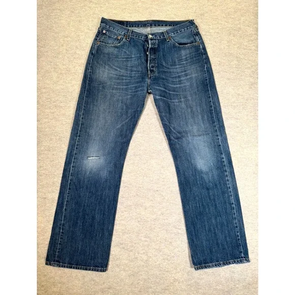 Levis 501 Straight Fit Jeans Mens 36x32 Blue Whiskering Denim Cotton Button Fly