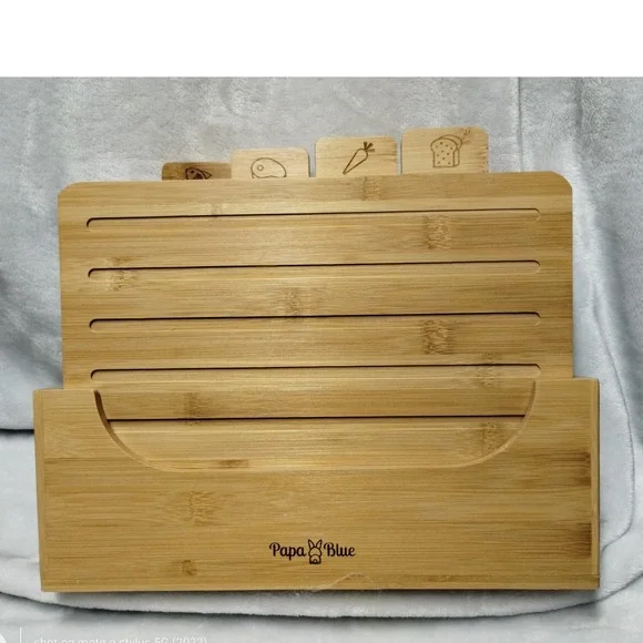 Papa Blue Labeled Bamboo Cutting Board Set of 4 with Stand Juice Groove Non-Slip