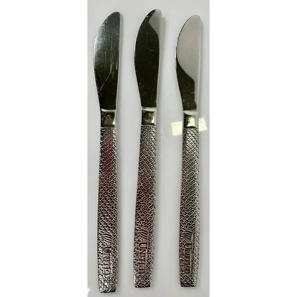United Airlines Serrated Butter Knifes (3) Cutlery Stainless Logo ABCO Vintage