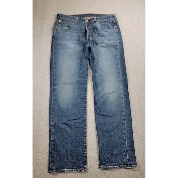 Levis Mens 501 (30x29) Jeans Straight Button Fly Mid‎ Stretch Dark Blue