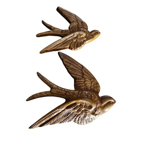 Vintage Burwood Products Co Swallow Birds Wall Hanging 2 Set Faux Wood MCM 1983