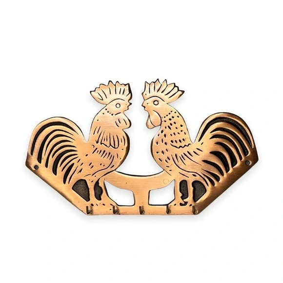Cast Iron Copper Plated Double Rooster‎ Five Key Hook Holder 11”x6.5”