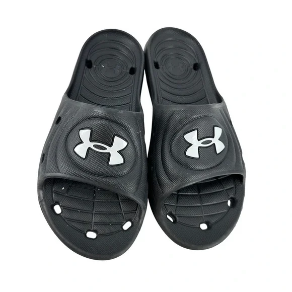 Under Armour Slides‎ Sandals Athletic Comfort Casual Black Logo Mens Size M5