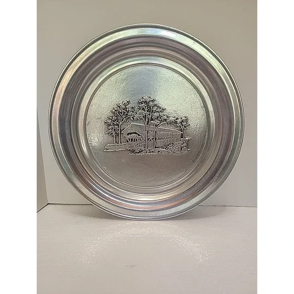 Vintage Wilton Armetale Pewter Wall Art Hanging Plate Covered Bridge USA