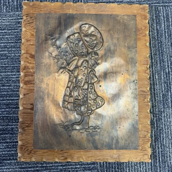 Holly Hobbie Copper Hammered Repousse Wall Folk Art Plaque Wood Scalloped Frame