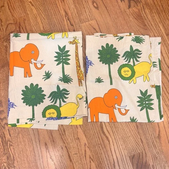Vintage Mid Century Jungle Safari Curtain Panels Set of 2 Elephants Lions Zebra