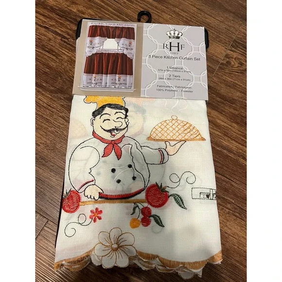 R H F Chef 3 Peace Embroidery Kitchen Curtain Set 1 Valance 2 Tiers New