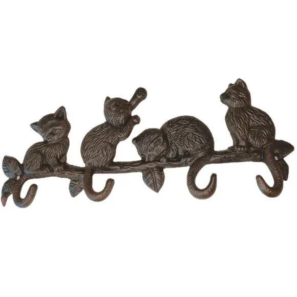 Cat Wall Hook Cast Iron Heavy Duty Key Towel Coat Hanger Dark Brown 4 Hooks 13
