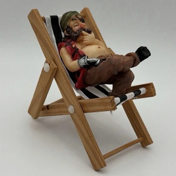 Vintage Pirate Figurine Miniature Hammock Pipe Nautical Decor Resin Wood