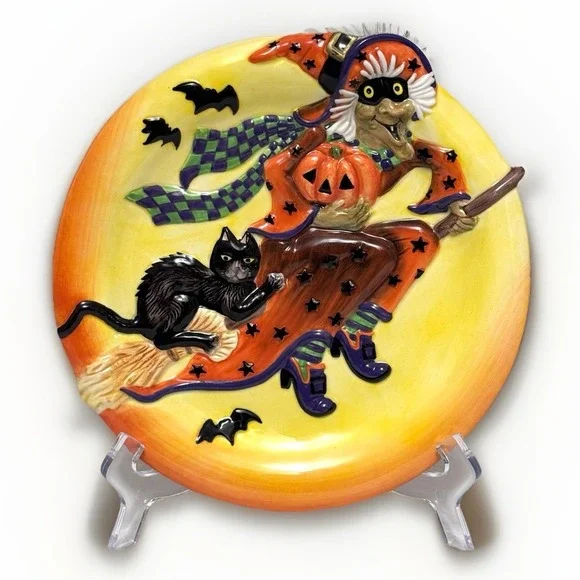 FITZ & FLOYD Witch Hazel CANAPE Plate w/ Wall Hanger Halloween Raised 3D Surface
