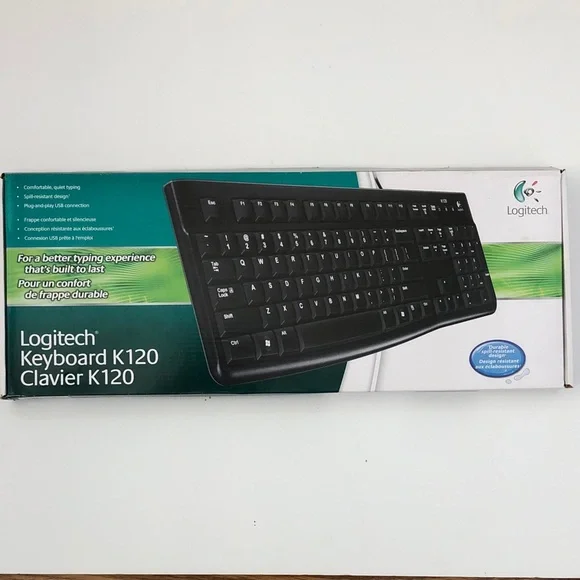 Logitech Black Full-Size Wired Keyboard K120 spill resistant new in box