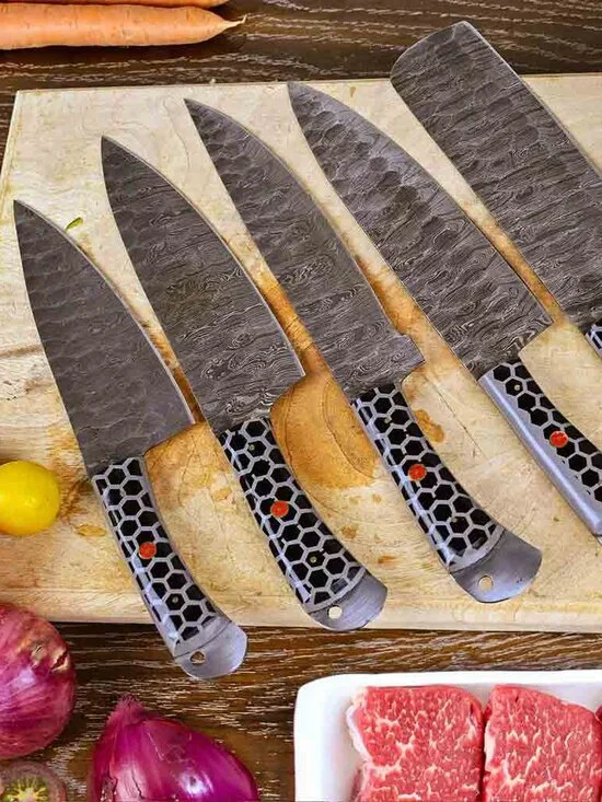 Damascus Chef Knife Set 5PC Honeycomb Handle Kitchen Knives