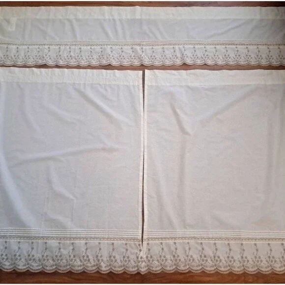 Ivory Embroidered Curtain Set Brown Floral 3 PC Cottage Farmhouse 51x59