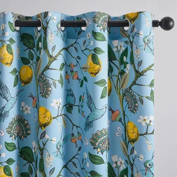Floral Lemon Hummingbird Curtains Patterned Waverly Mid-Century Style
