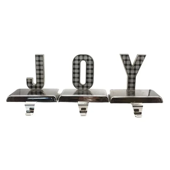 Silver Metal 'JOY' Black‎ & White Checker Stocking Hangers Hooks Shelf Mantel