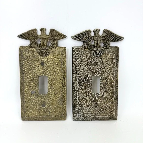 VTG‎ Edmar Brass Eagle Toggle Switch Plate Cover Pair Hammered Antique Gold USA