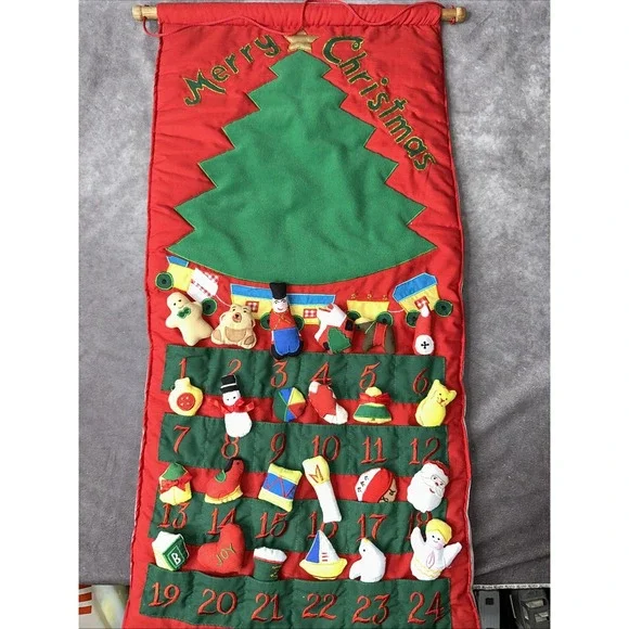 Vintage Countdown to Christmas Advent Calendar Fabric Plush Hook Loop Hanging