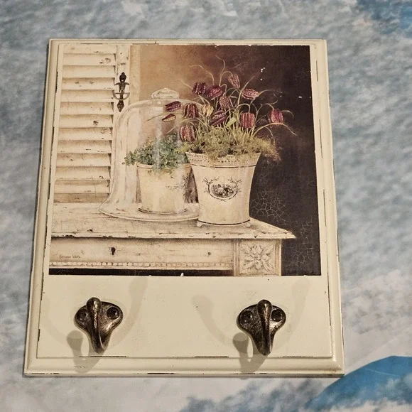 Vintage Floral Wall Plaque Key Holder 2 Hooks Cottage Farmhouse Decor