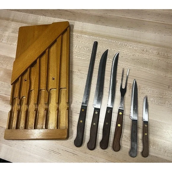 VTG Robinson Knife Co. 6 Piece Knife Fork Set In Wooden‎ Handles Made In USA