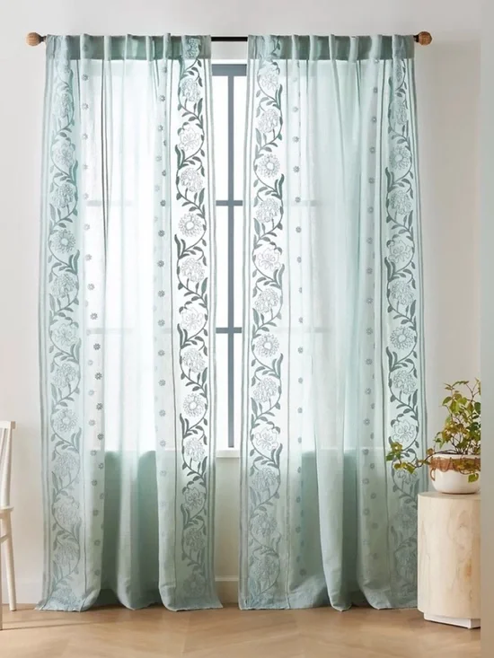 Anthropologie Manette Embroidered Cotton Linen Sheer Curtain Pair 50 x 108 NWT