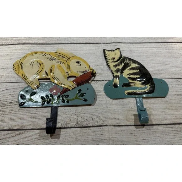 VTG India Hand Painted Folk Art Bunny Rabbit Cat Metal Wall Hooks Primitive GT12