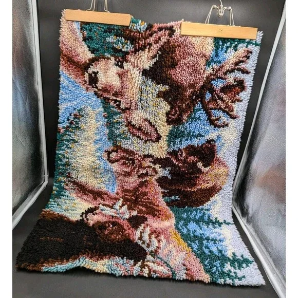 RARE VTG Latch Hook Rug Wall Hanging Moose Deer Bison Bear Mountain Lion Stream